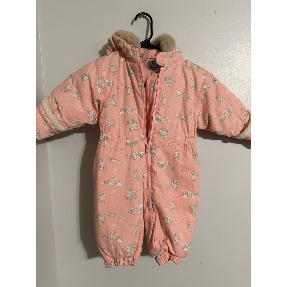 Vintage Lullaby Club Baby Girls Pink Teddy Bear Sledding Snowsuit Hooded  12M